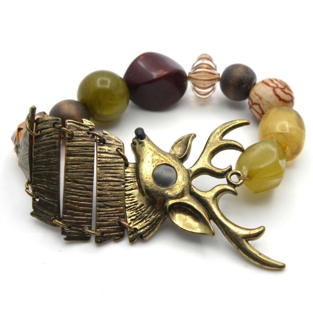 Statement Stretch Bracelet Beaded Multicolor Deer Bronze Boho Nature Earthy Goth